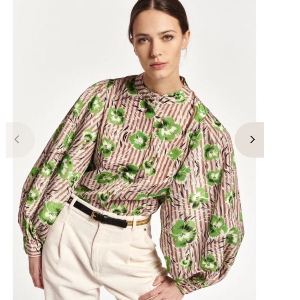$205 Essential Antwerp Ash Puff Sleeve Top Green Floral Striped Mandarin 36 4 6